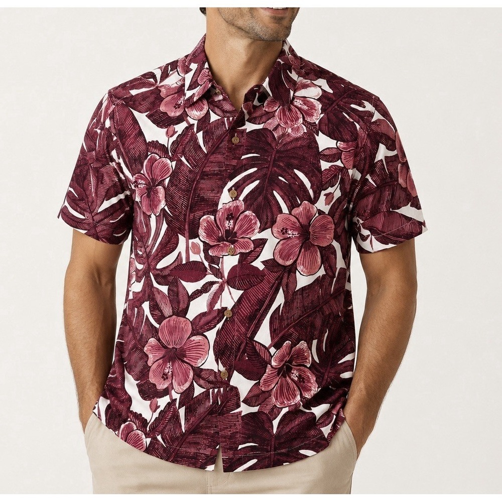 Tommy Bahama Camp Shirt Mens Small Burgundy Floral Lush Silk NWT
